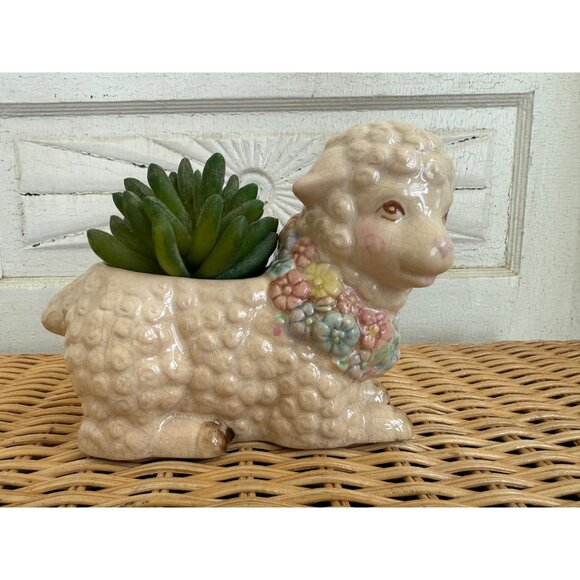 Vintage 60's Planter Pot Cute Sheep With Flower Collar Retro Kitsch - Picture 6 of 7